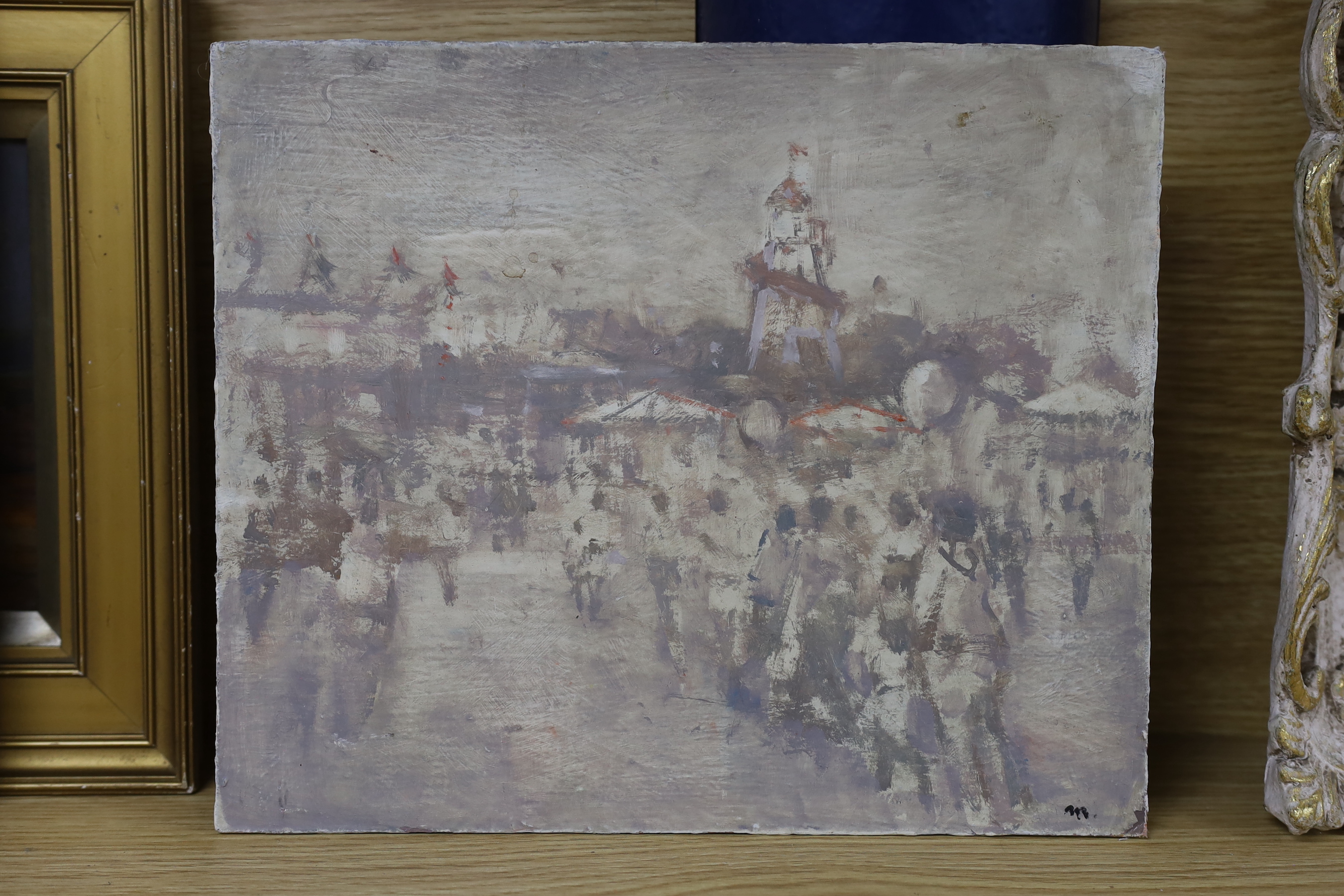 Tony Merrick, oil on fabric laid on board, 'Barnes Fair', signed and inscribed verso, 26 x 31cm, unframed